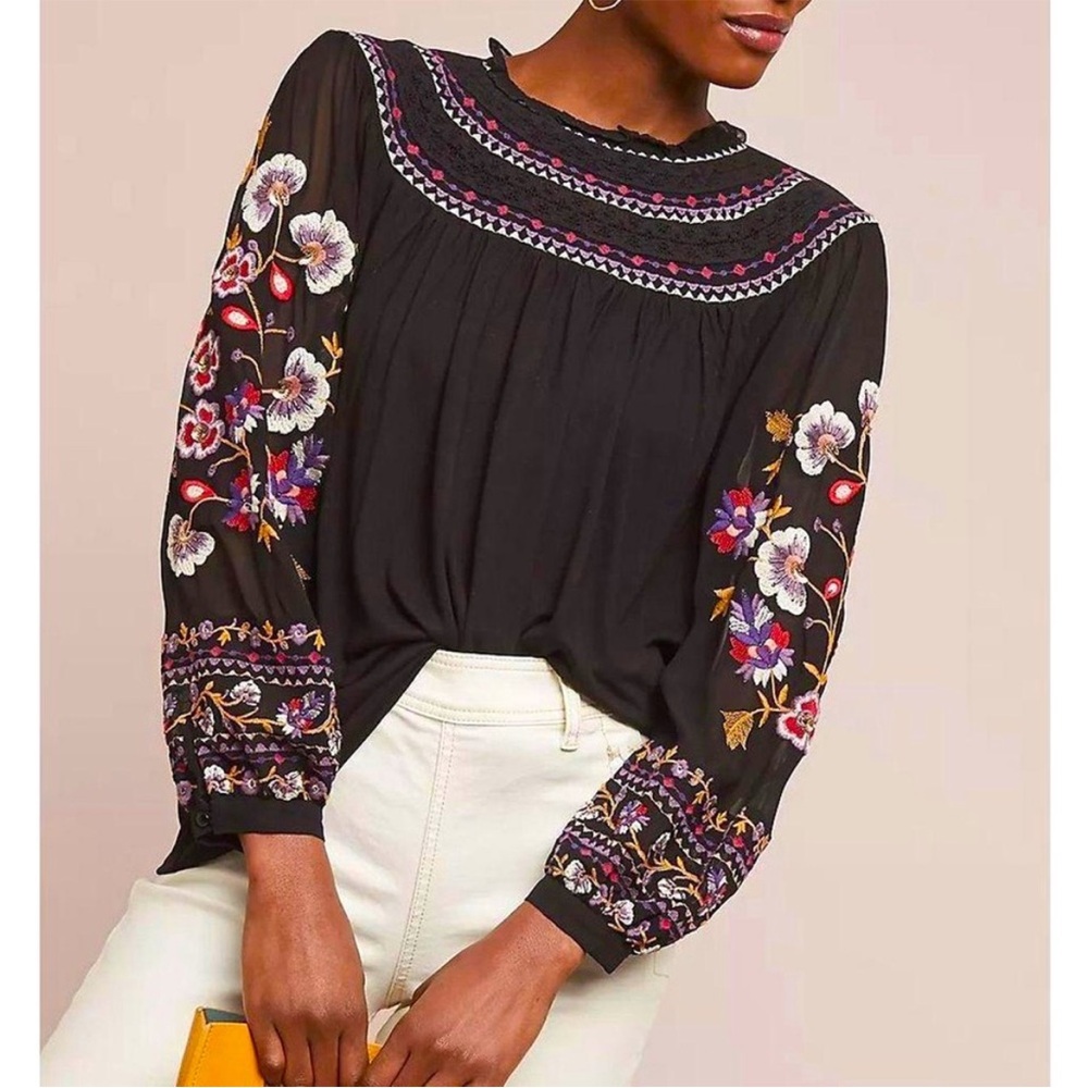 Akemi + Kin Louise Black Floral Embroidery Sheer Long Sleeve Boho Peasant Top